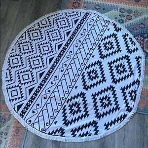 White & Black large round patterned beach blanket pool towel terry cloth aztec